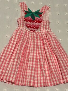 Mini Boden Zadie Strawberry Appliqué Back Pink Gingham Girls Dress